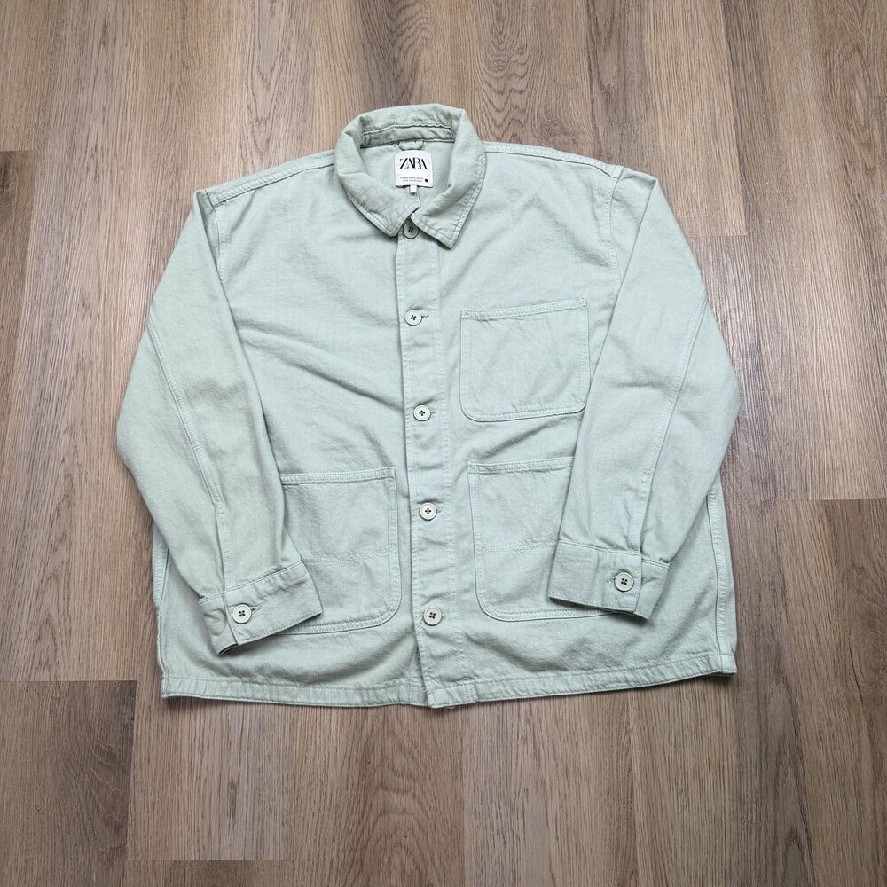 ZARA Jacket Mens 2XL Green Cotton Chore Workwear Button Front Overshirt Coat